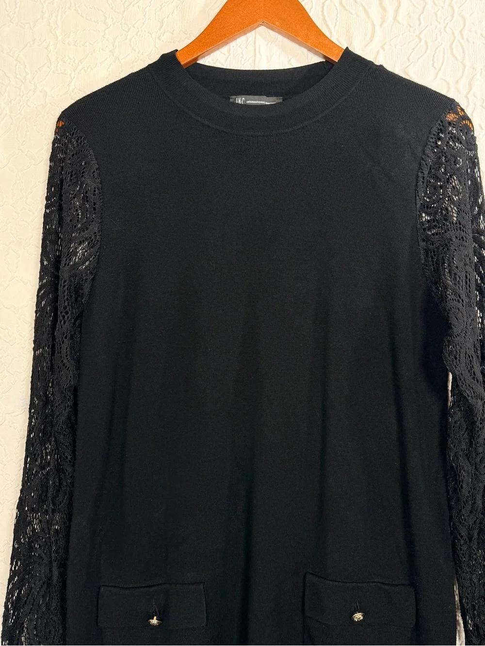 INC International Concepts Black Tunic Lace Sleeve Gold Button Sweater Sz XL